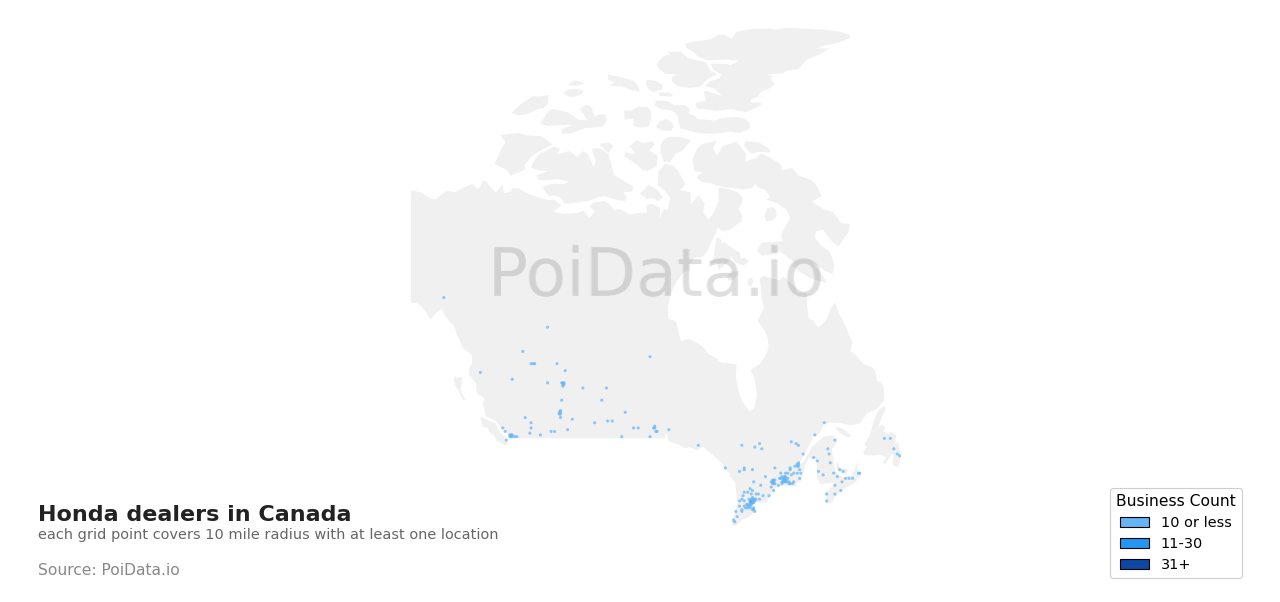 Honda dealer density map for Canada