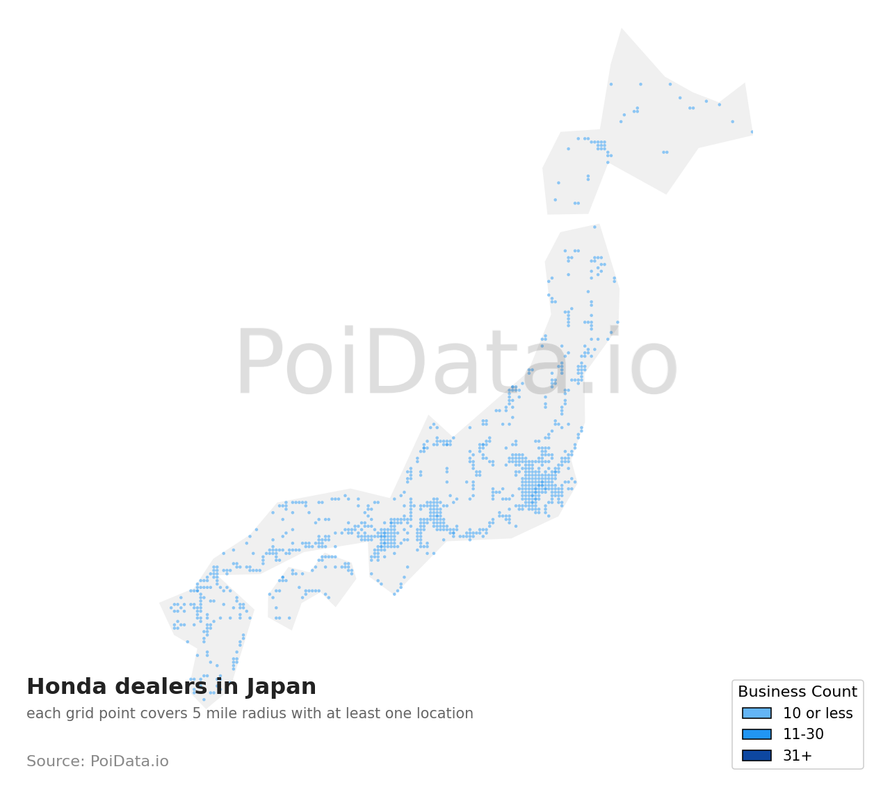 Honda dealer density map for Japan