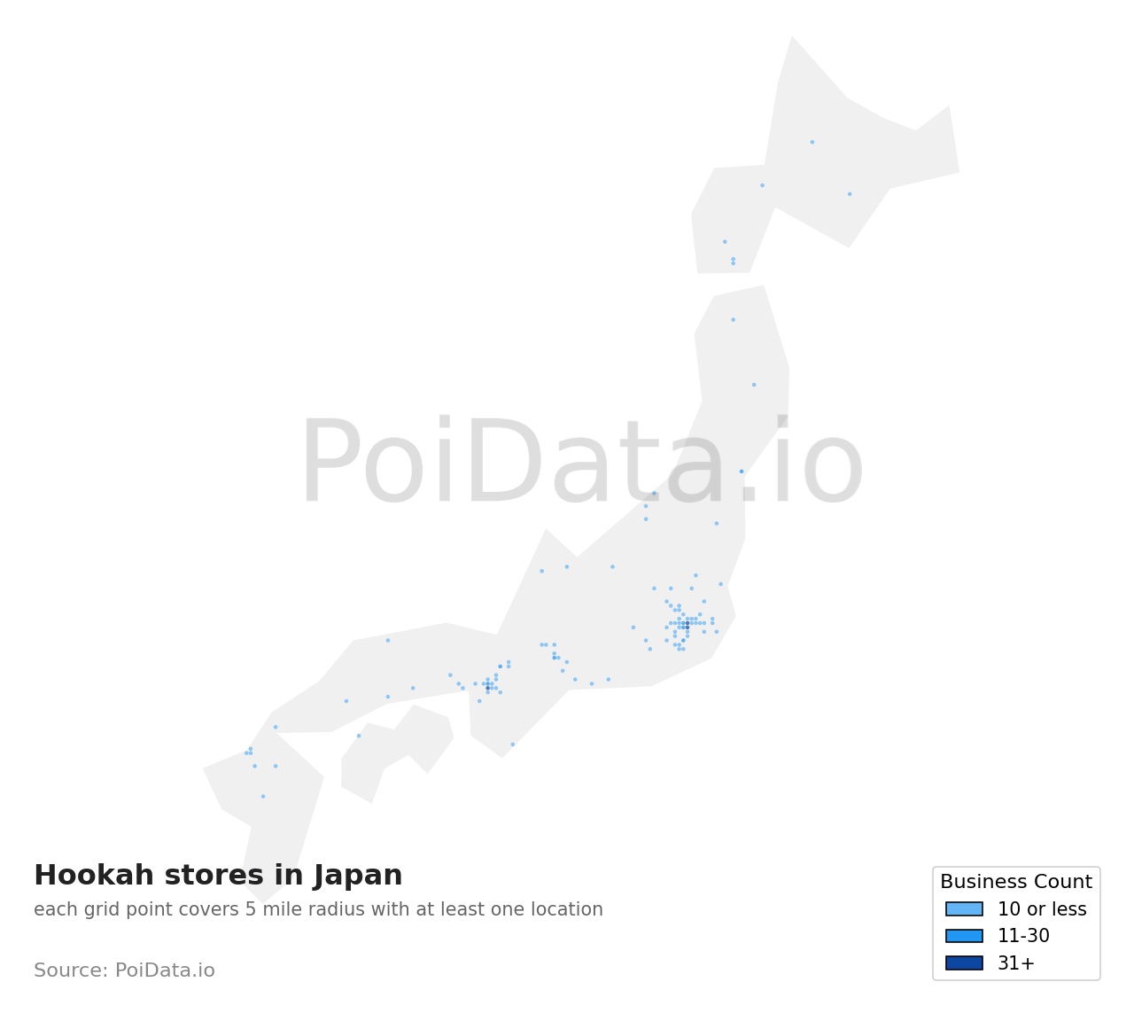 Hookah store density map for Japan