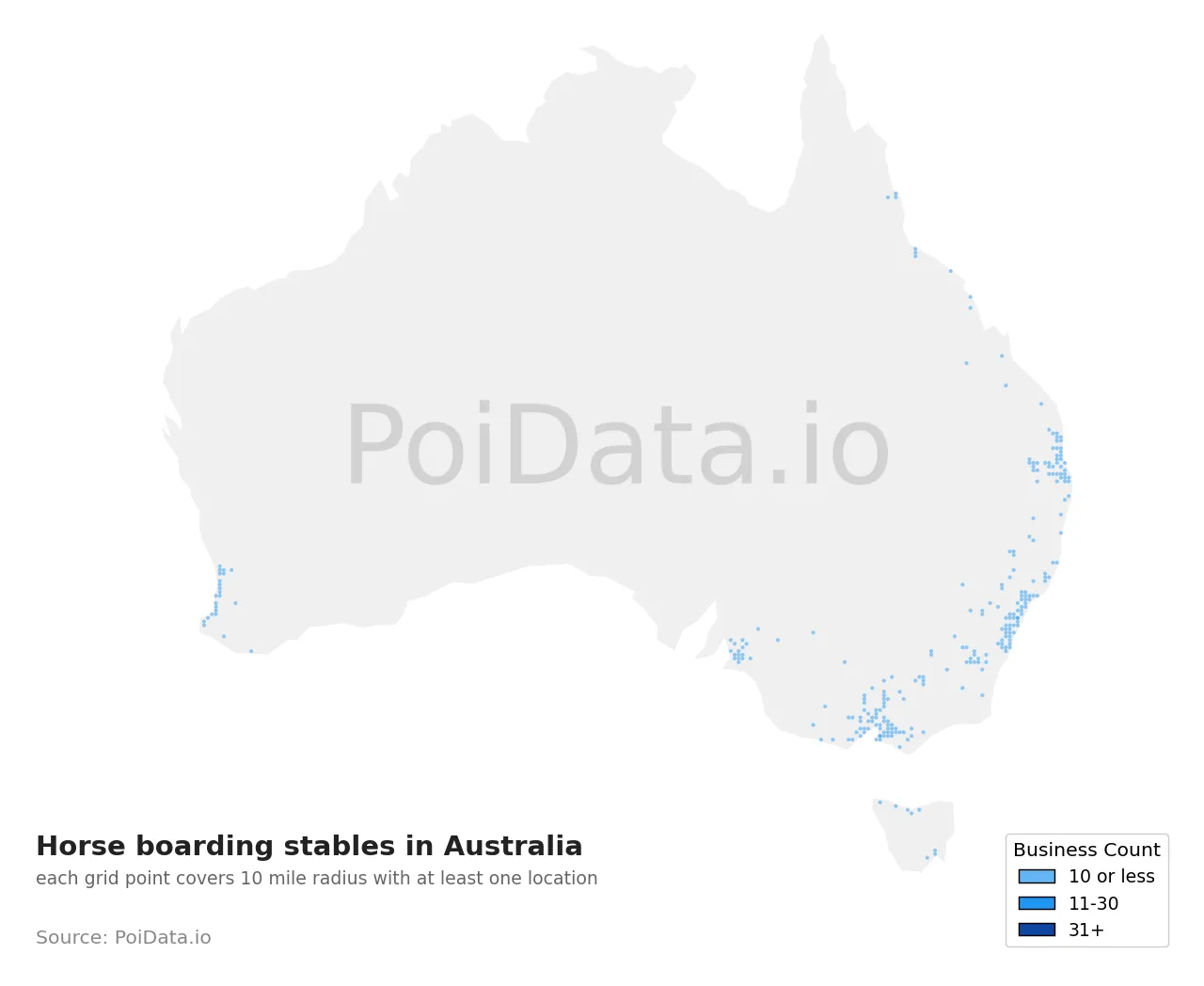 Horse boarding stable density map for Australia