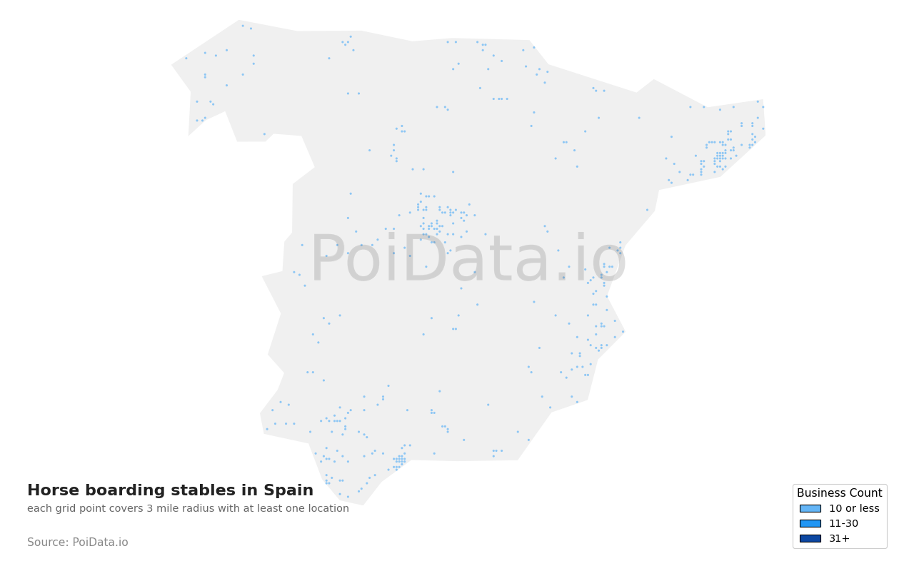 Horse boarding stable density map for Spain