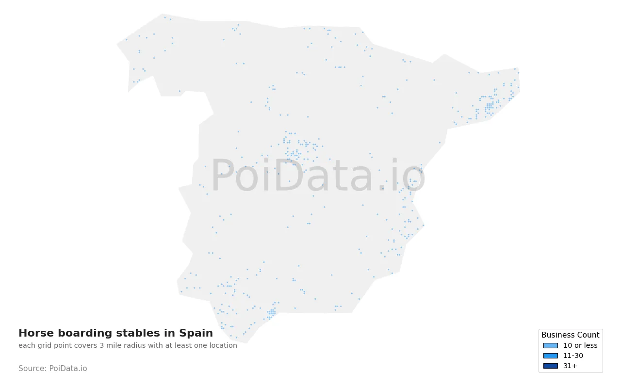 Horse boarding stable density map for Spain