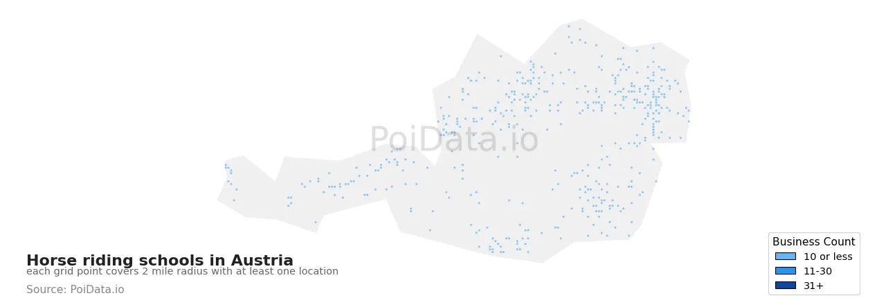 Horse riding school density map for Austria