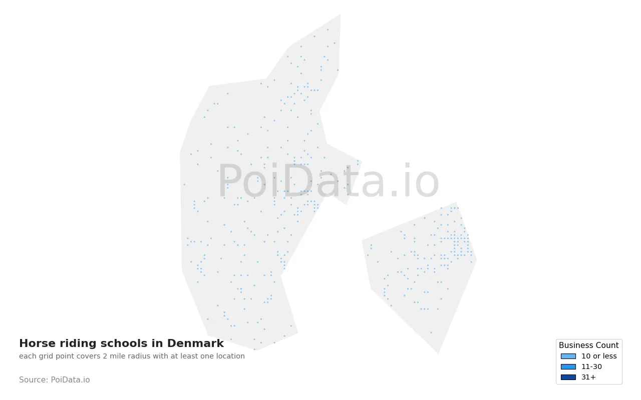 Horse riding school density map for Denmark