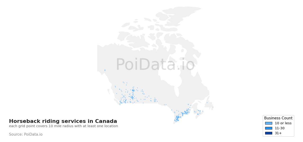 Horseback riding service density map for Canada