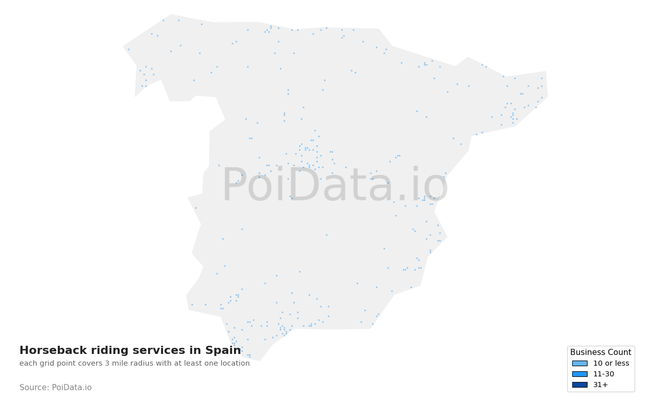 Horseback riding service density map for Spain