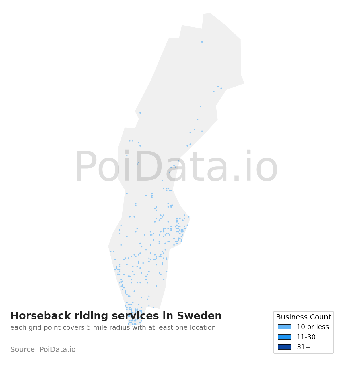 Horseback riding service density map for Sweden