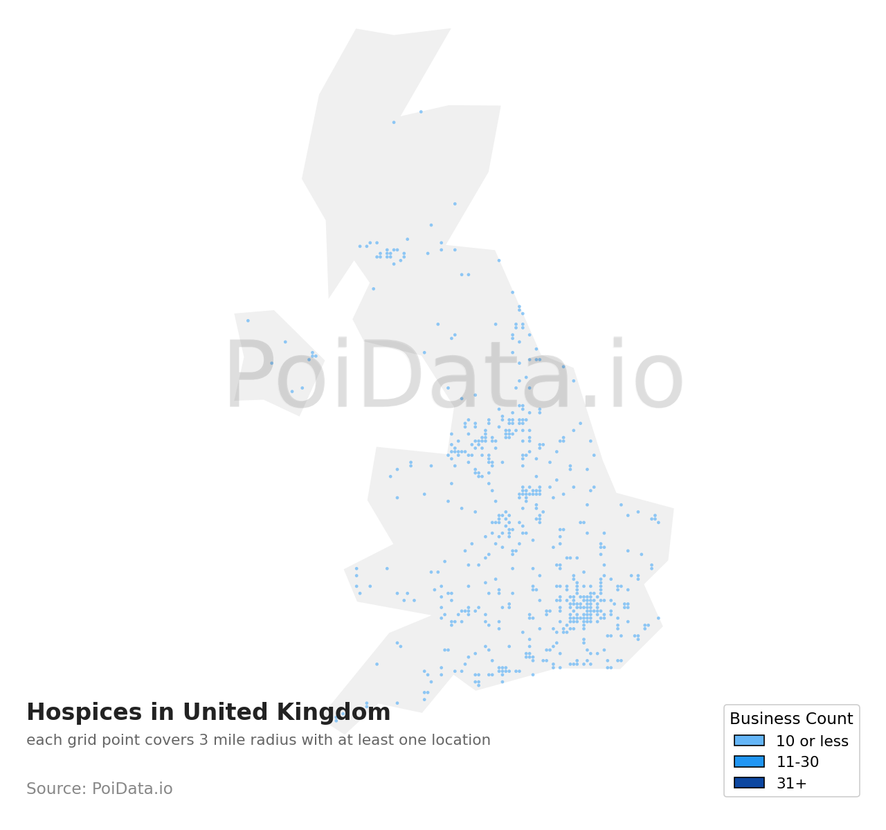 Hospice density map for United Kingdom