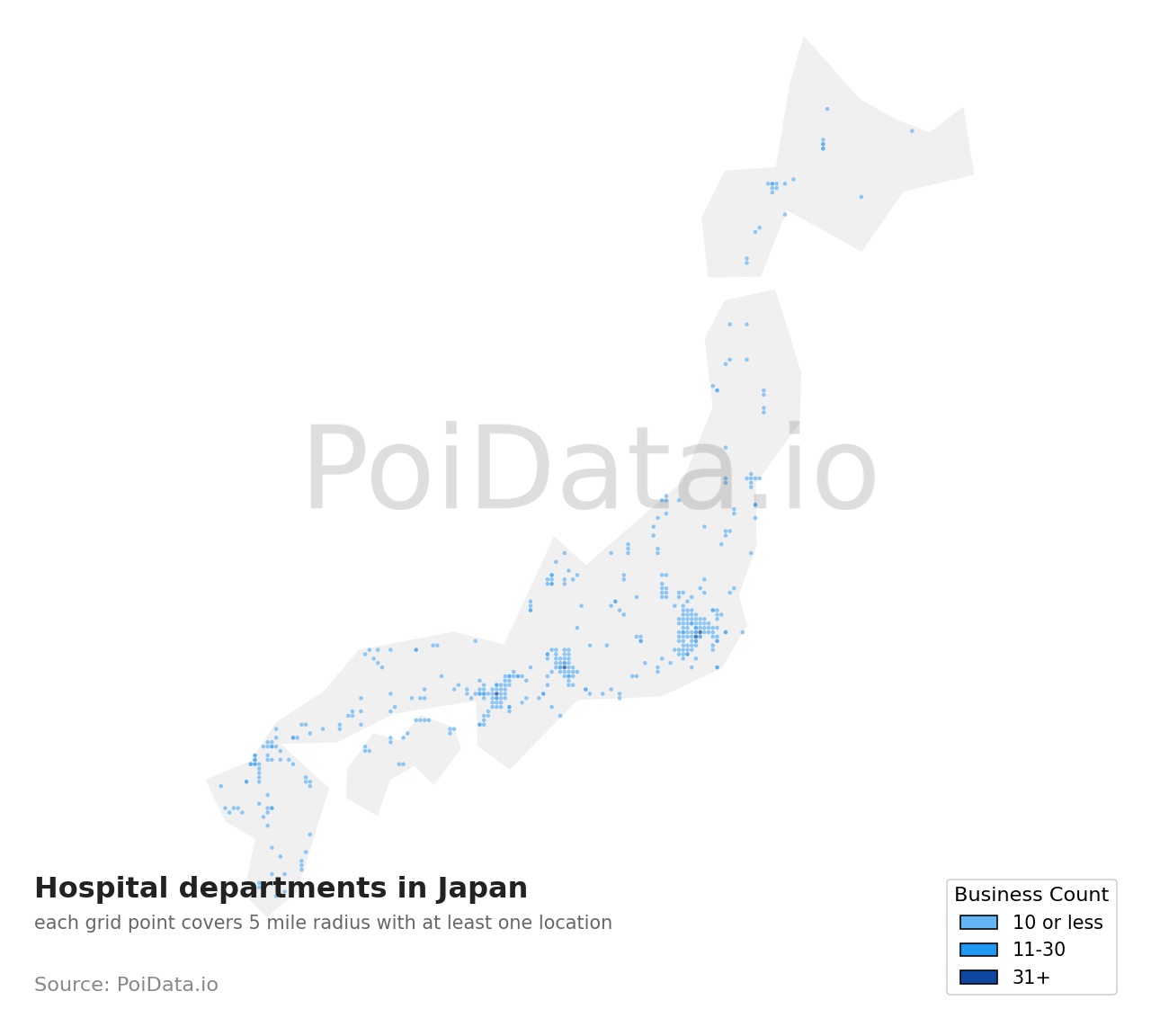 Hospital department density map for Japan