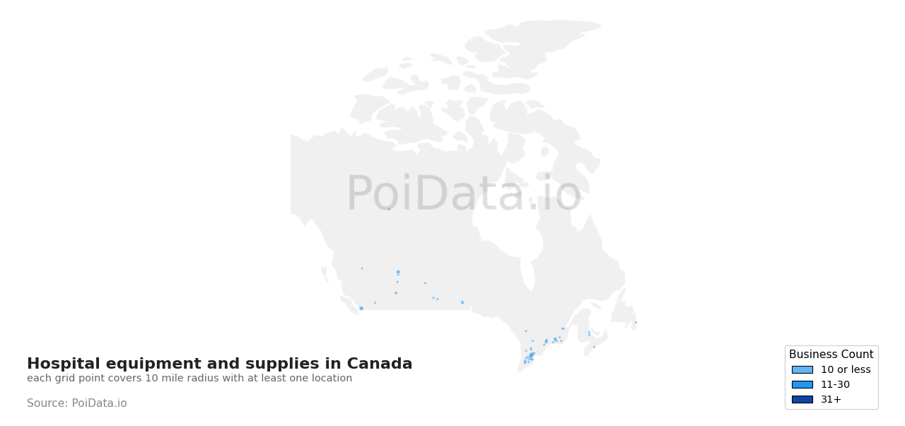 Hospital equipment and supplies density map for Canada