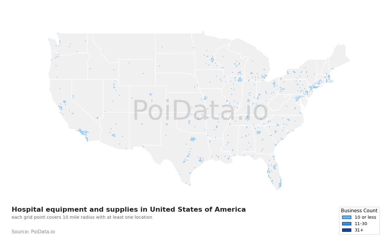 Hospital equipment and supplies density map for Maryland, United States