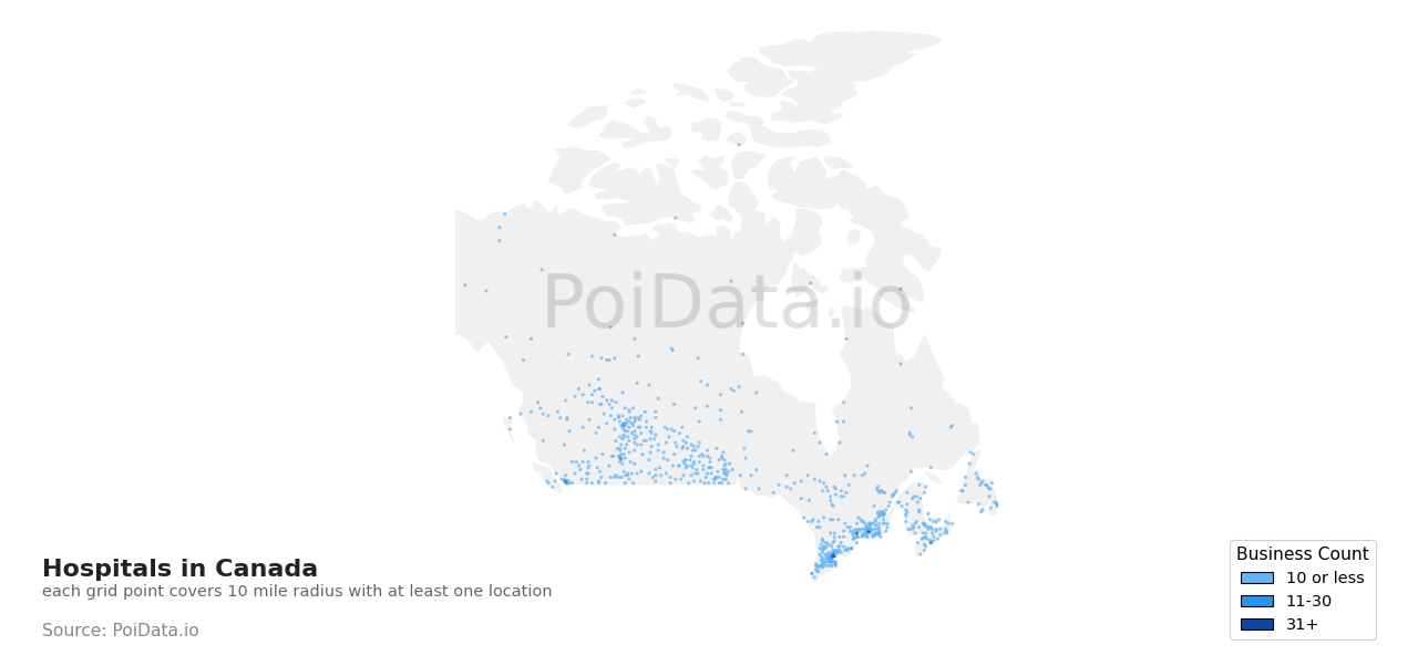 Hospital density map for Canada
