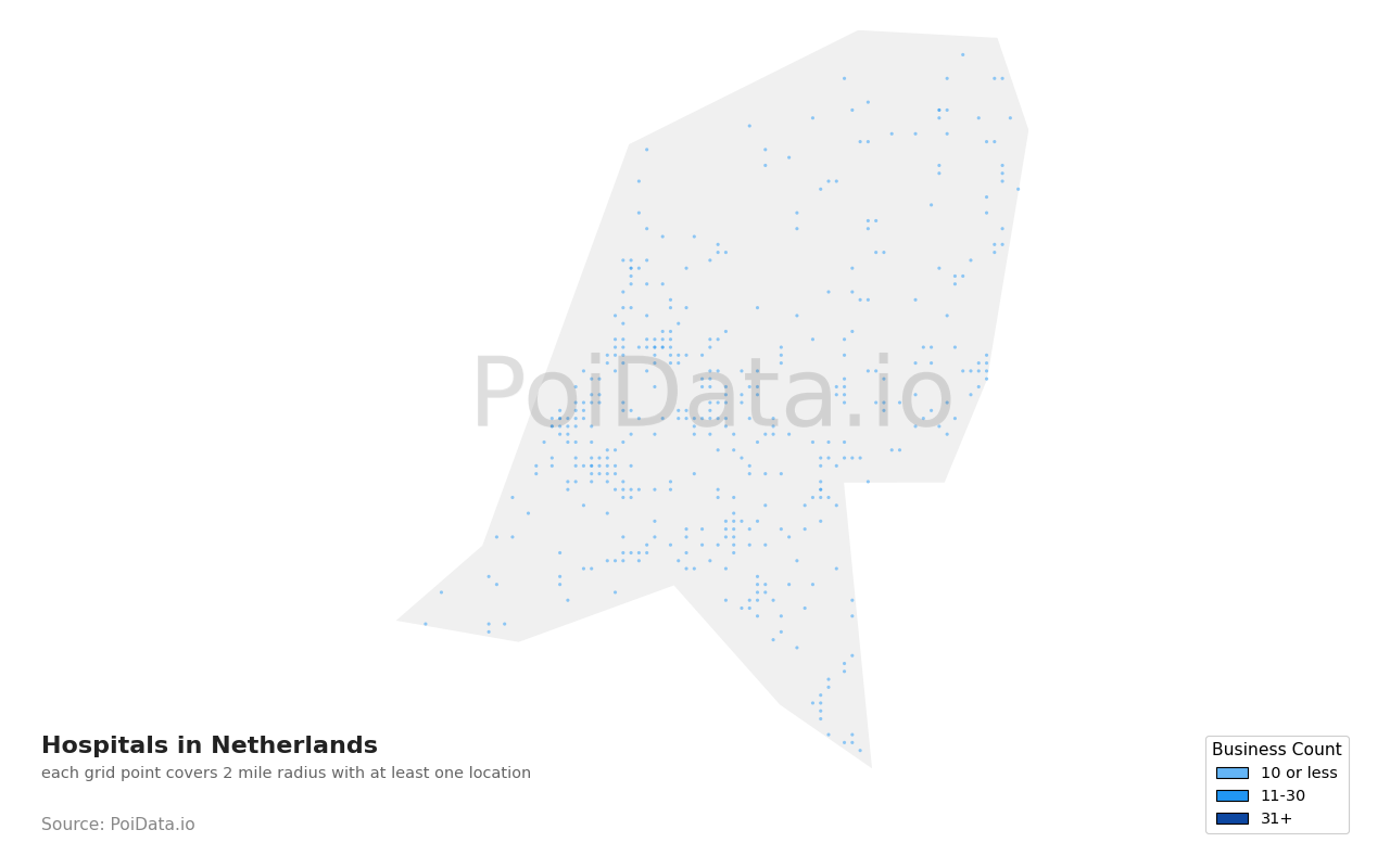 Hospital density map for Netherlands
