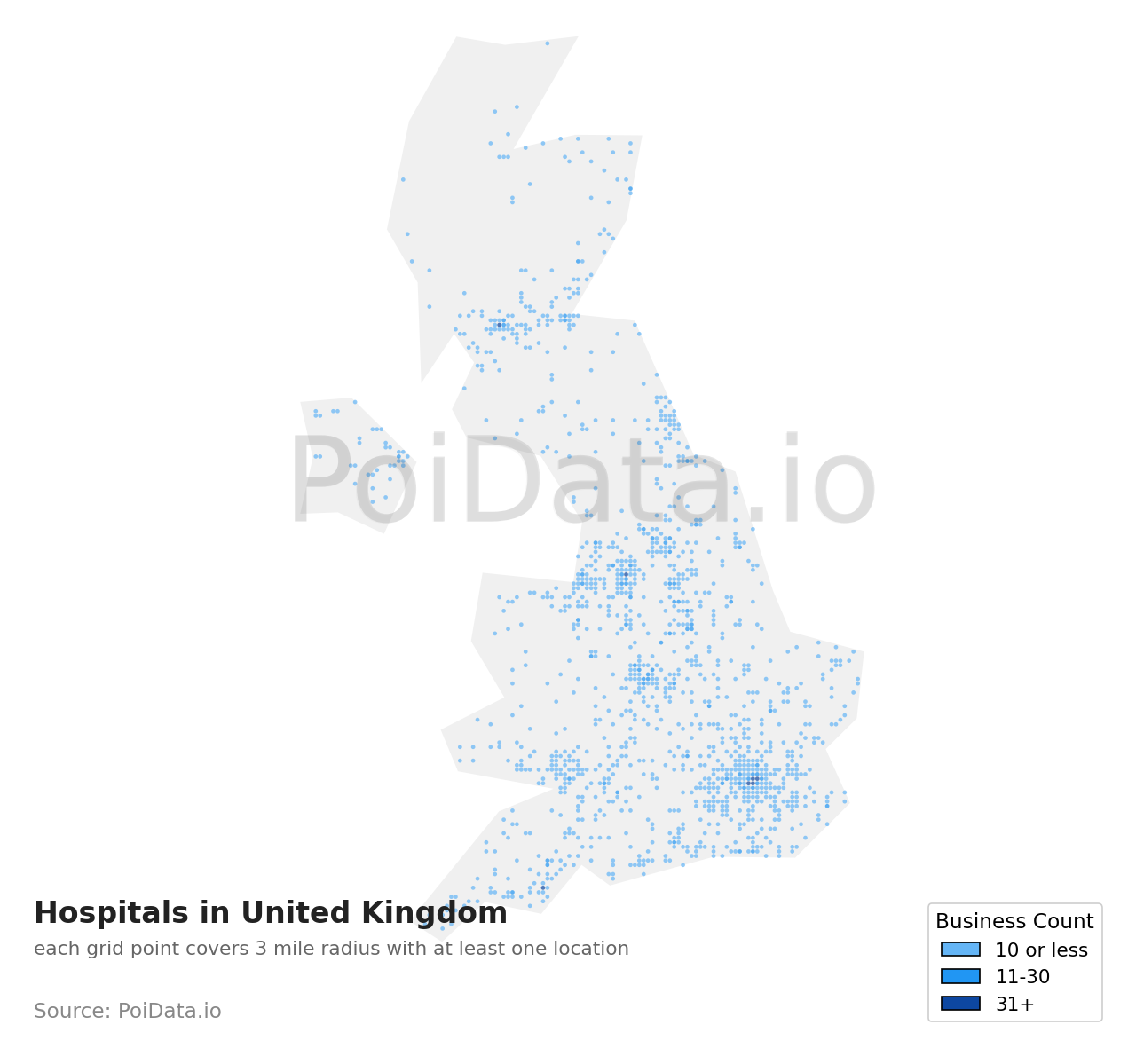 Hospital density map for United Kingdom