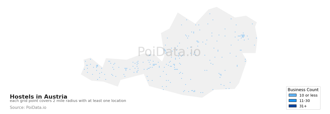 Hostel density map for Austria