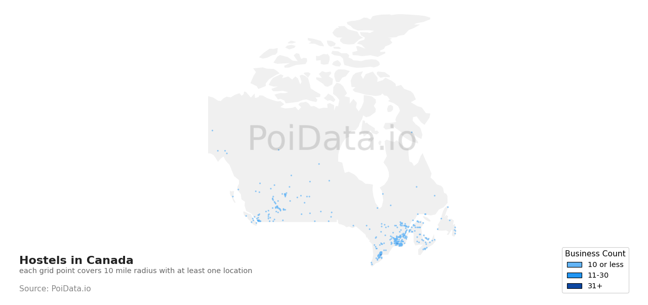 Hostel density map for Canada
