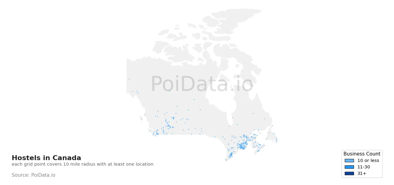 Hostel density map for Canada