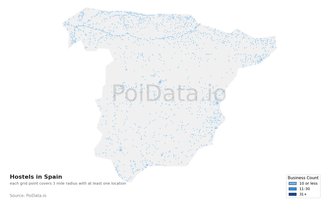 Hostel density map for Spain
