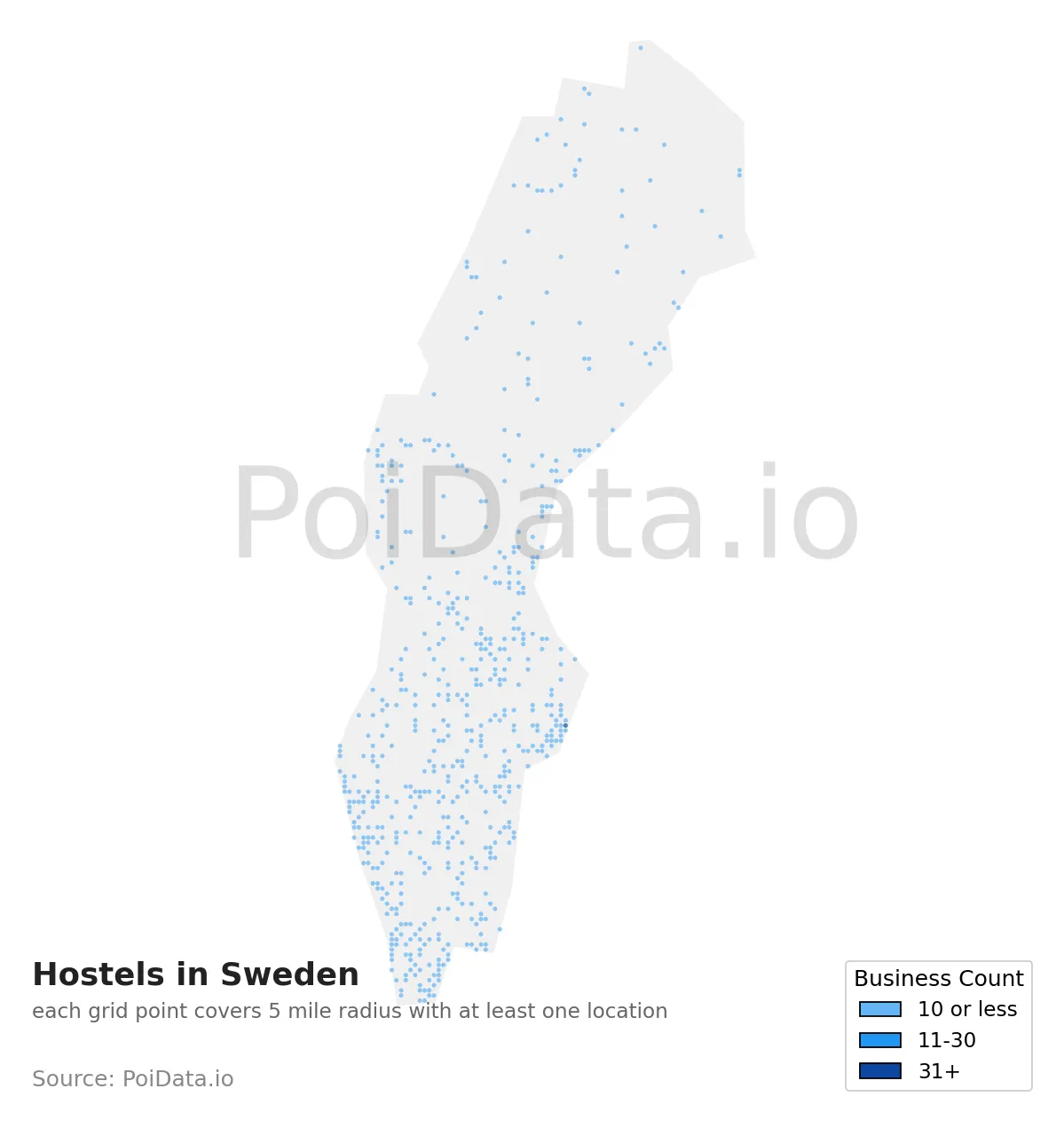 Hostel density map for Sweden
