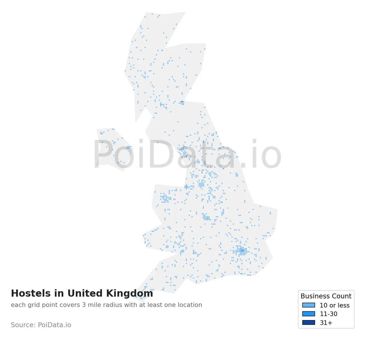 Hostel density map for United Kingdom