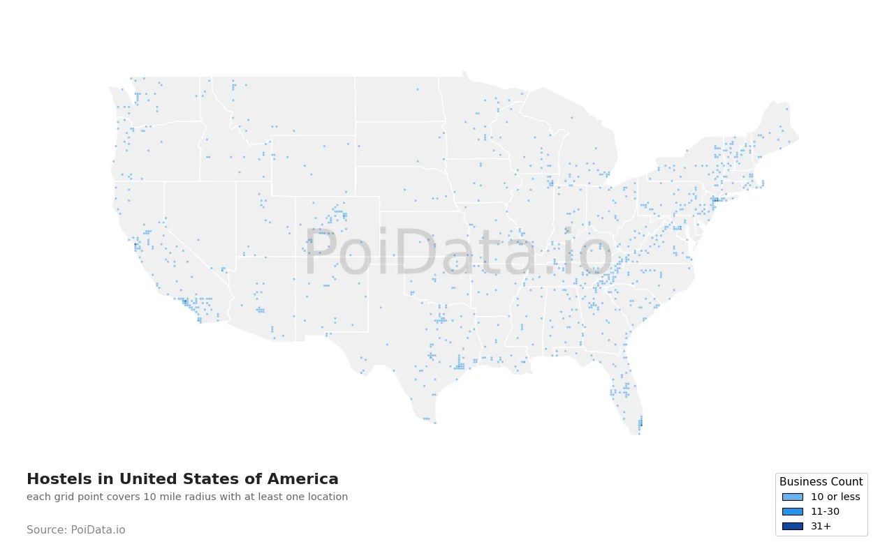 Hostel density map for United States