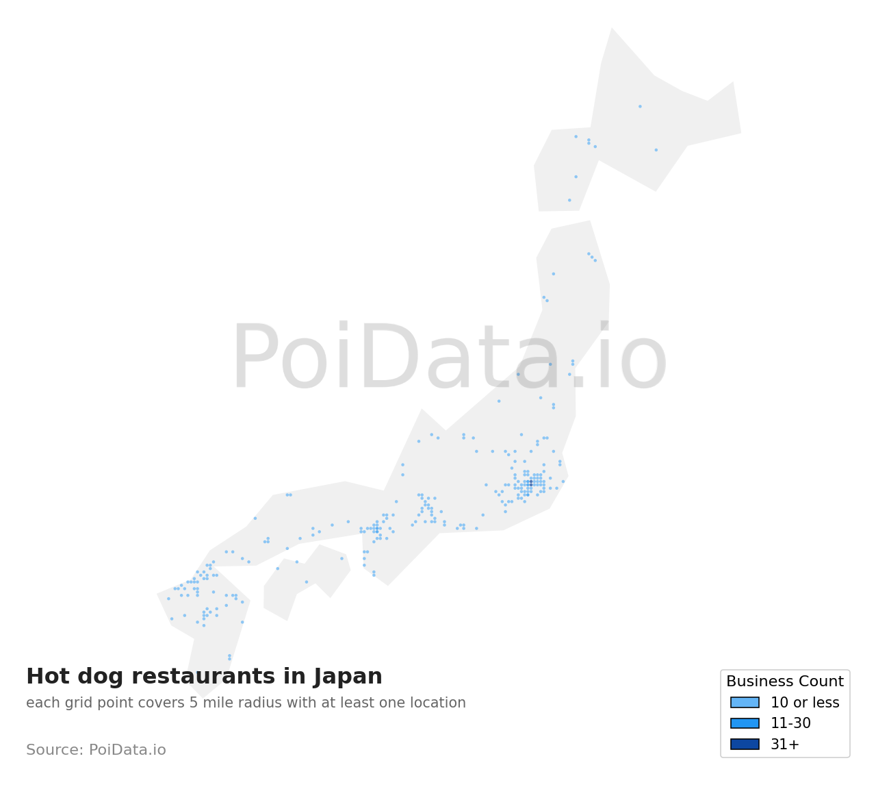 Hot dog restaurant density map for Japan