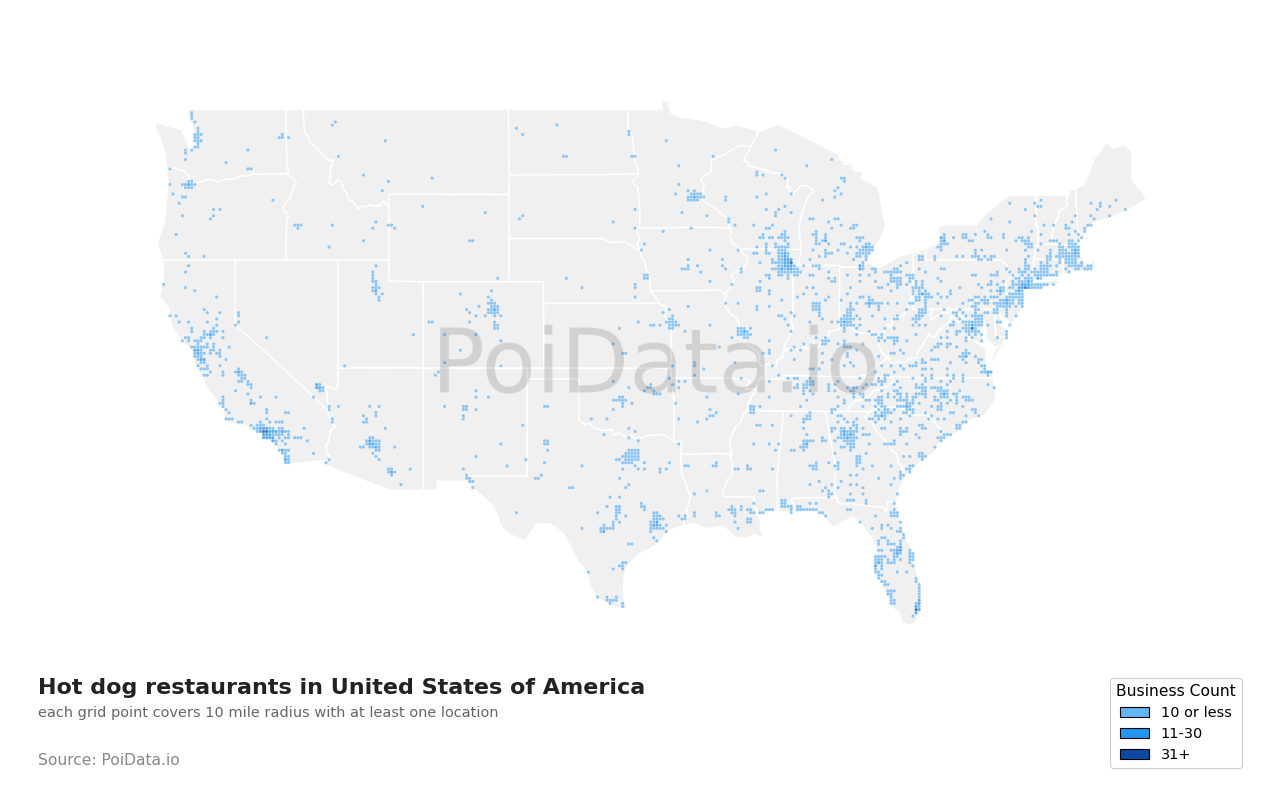 Hot dog restaurant density map for United States