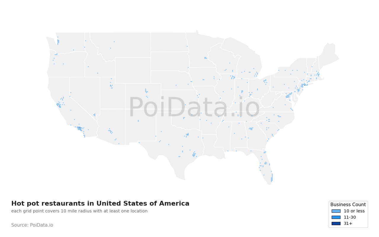 Hot pot restaurant density map for United States