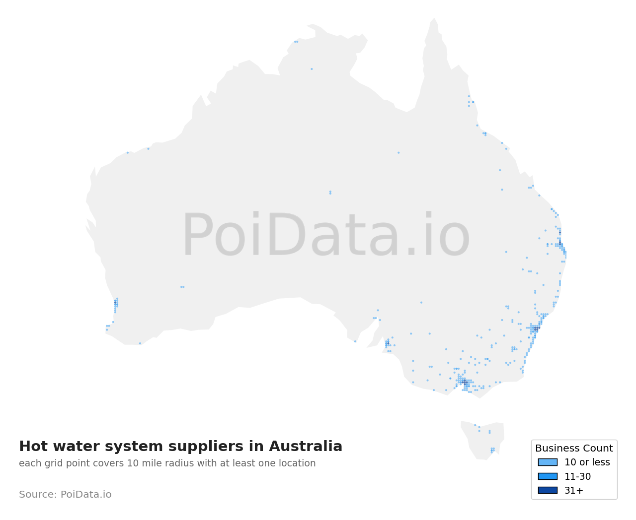 Hot water system supplier density map for Australia