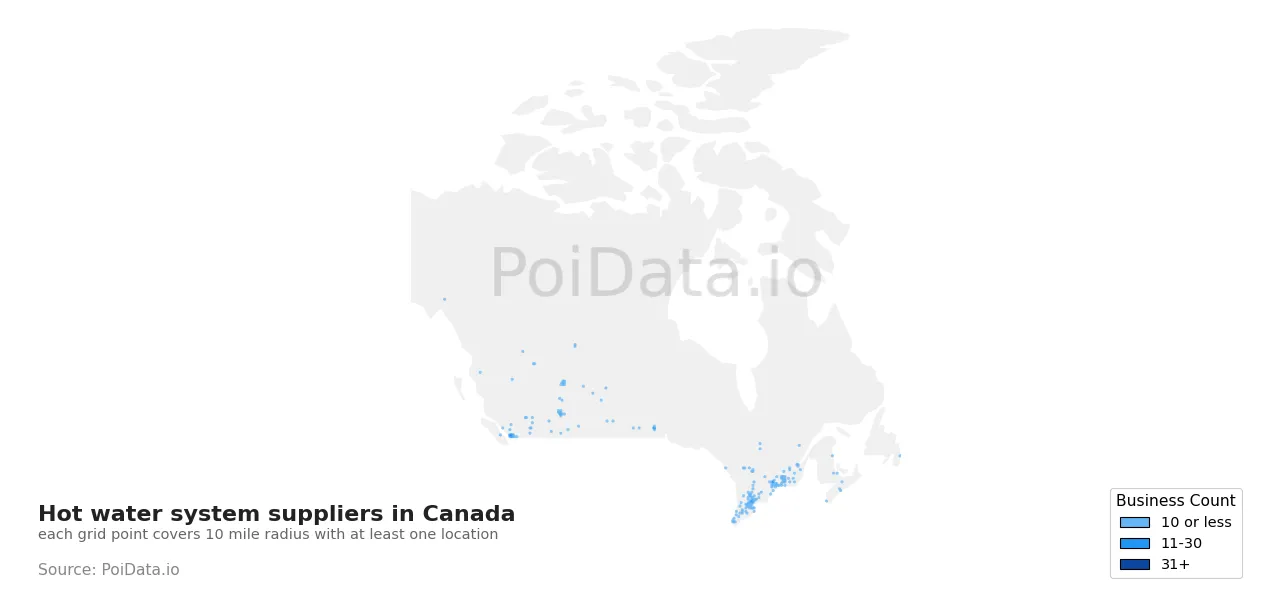 Hot water system supplier density map for Canada
