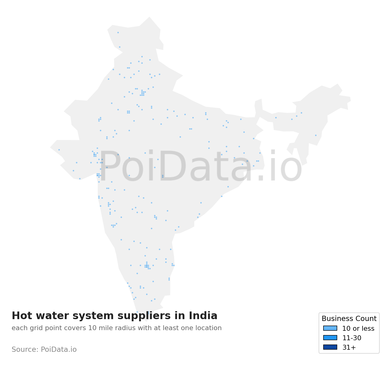 Hot water system supplier density map for India