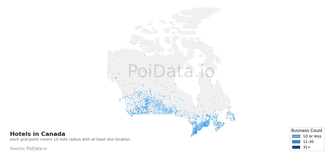 Hotel density map for Canada