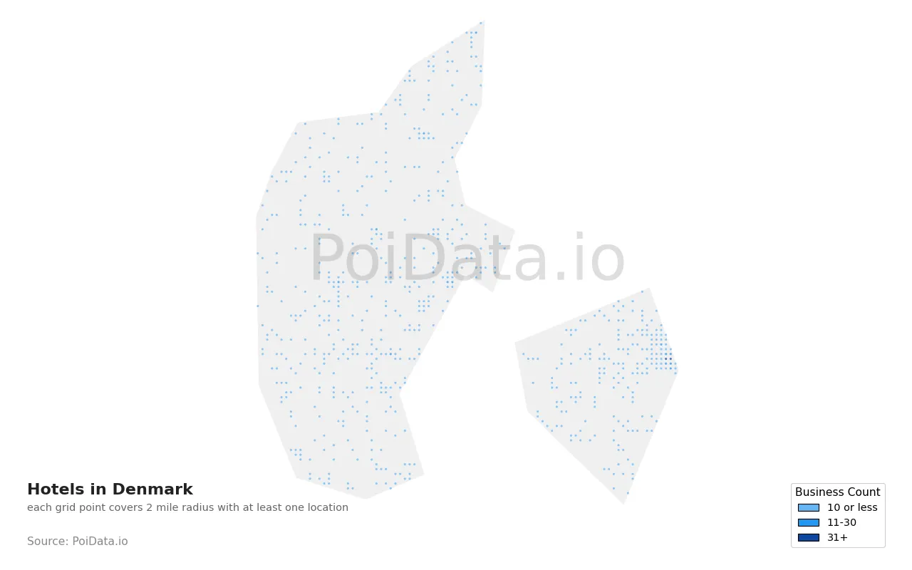 Hotel density map for Denmark