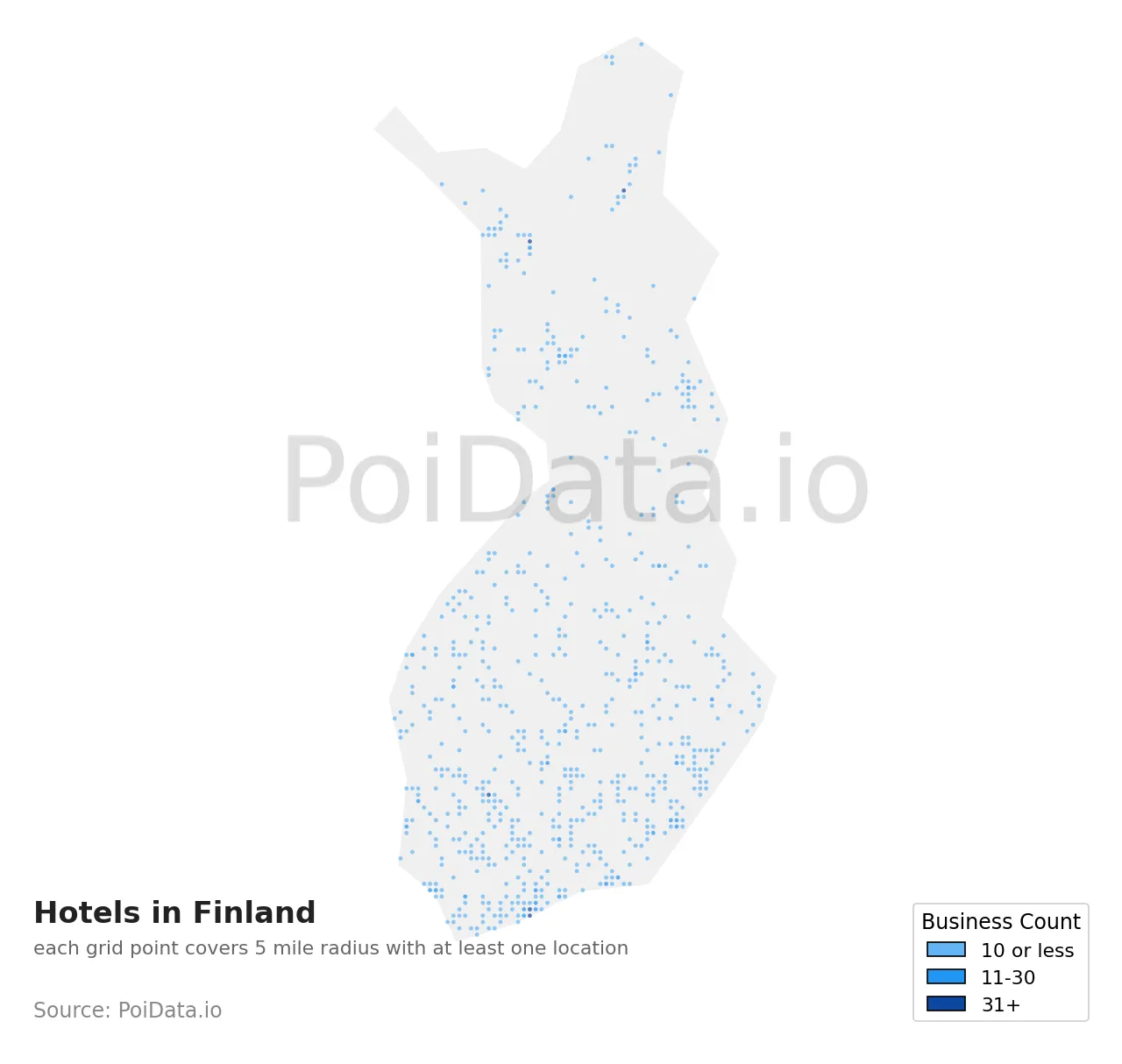 Hotel density map for Finland