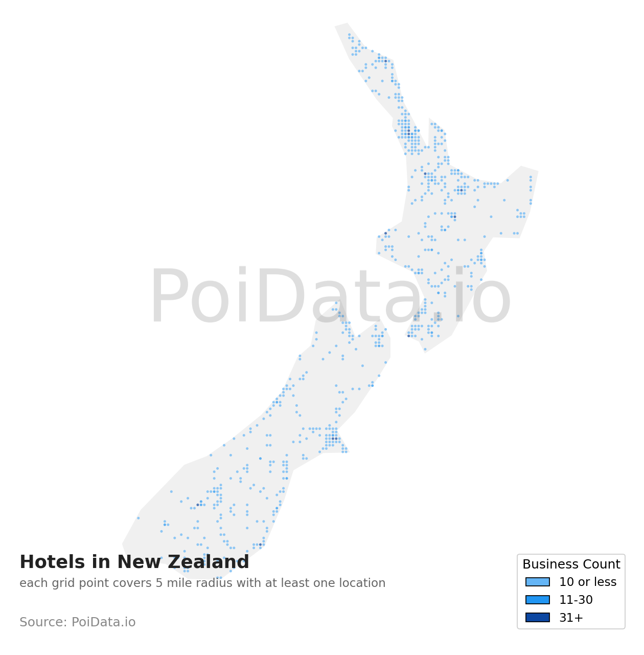 Hotel density map for New Zealand