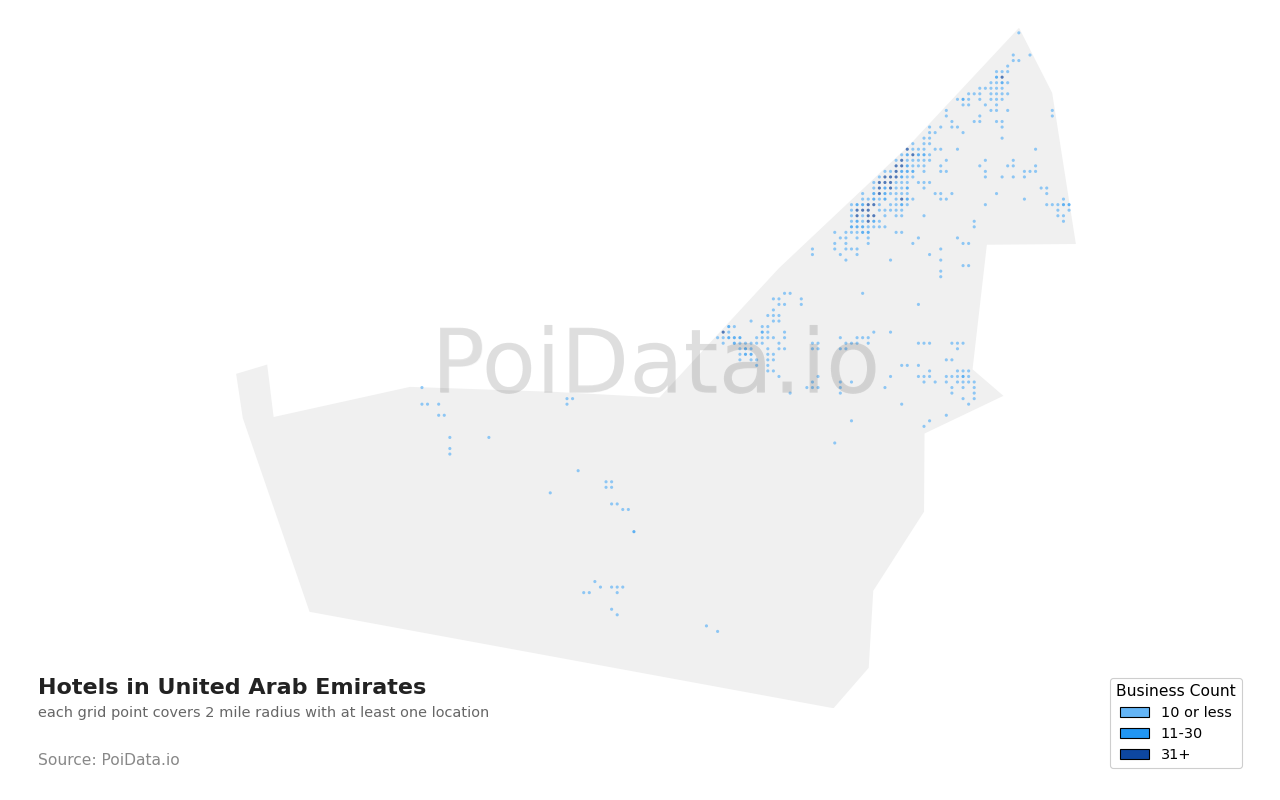 Hotel density map for United Arab Emirates