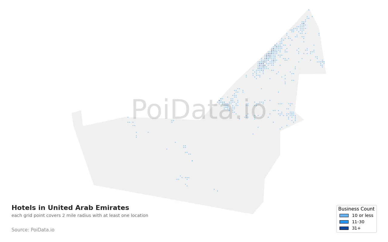 Hotel density map for United Arab Emirates
