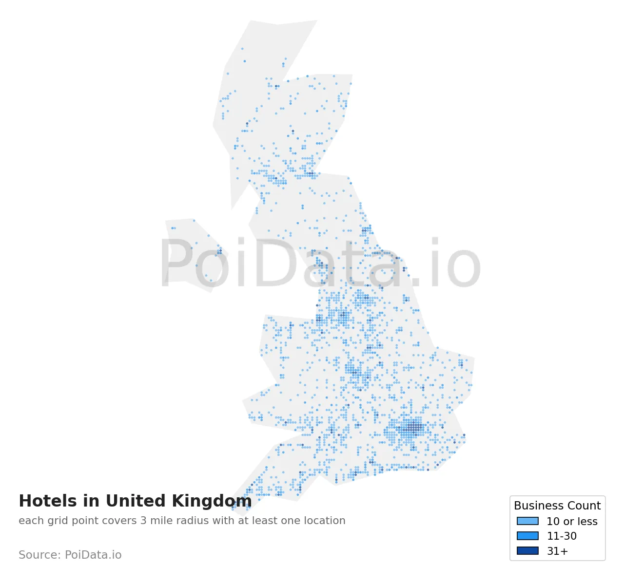 Hotel density map for United Kingdom