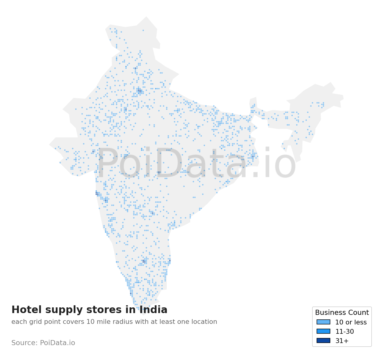 Hotel supply store density map for India