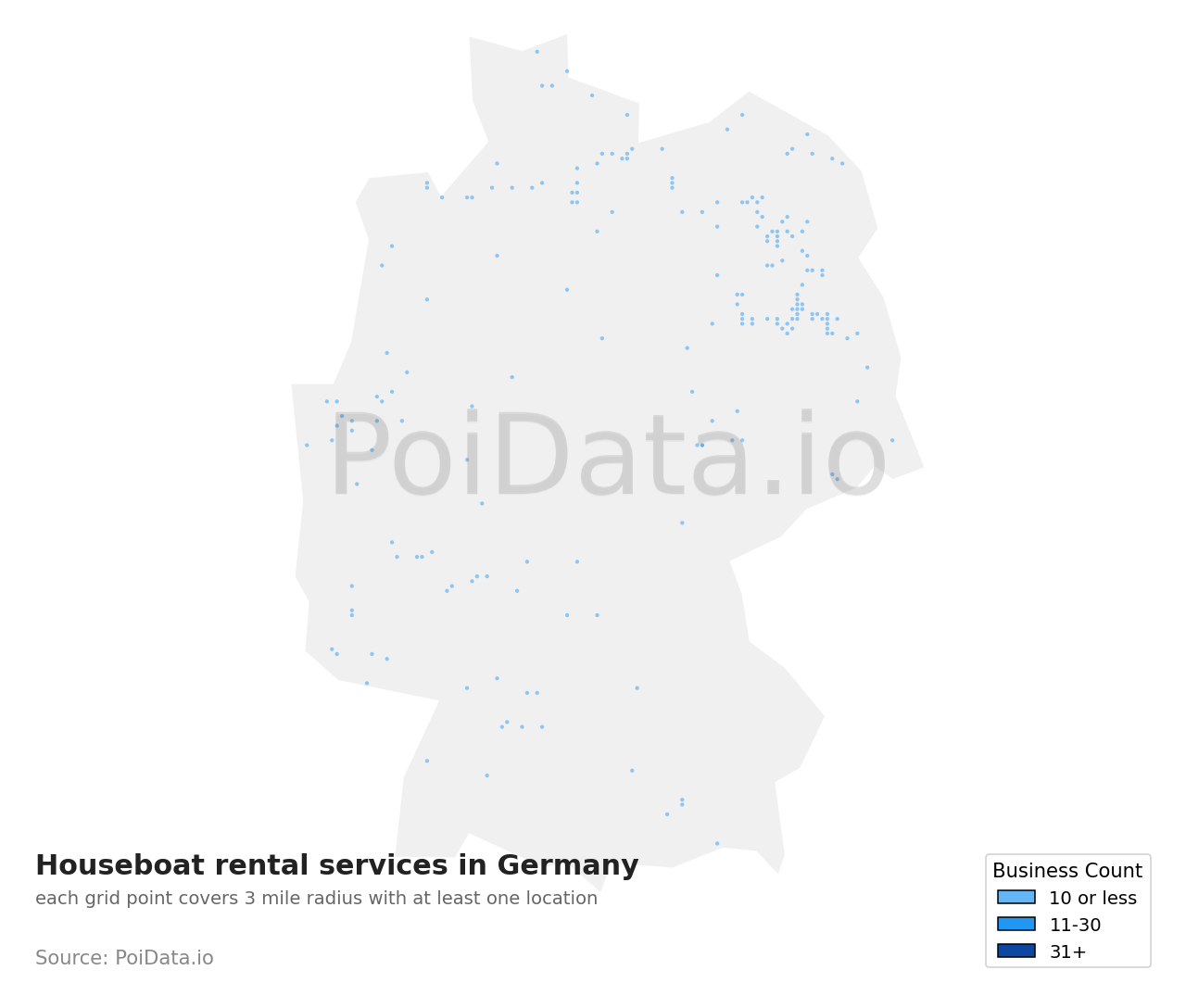 Houseboat rental service density map for Germany