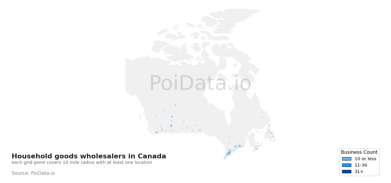Household goods wholesaler density map for Canada