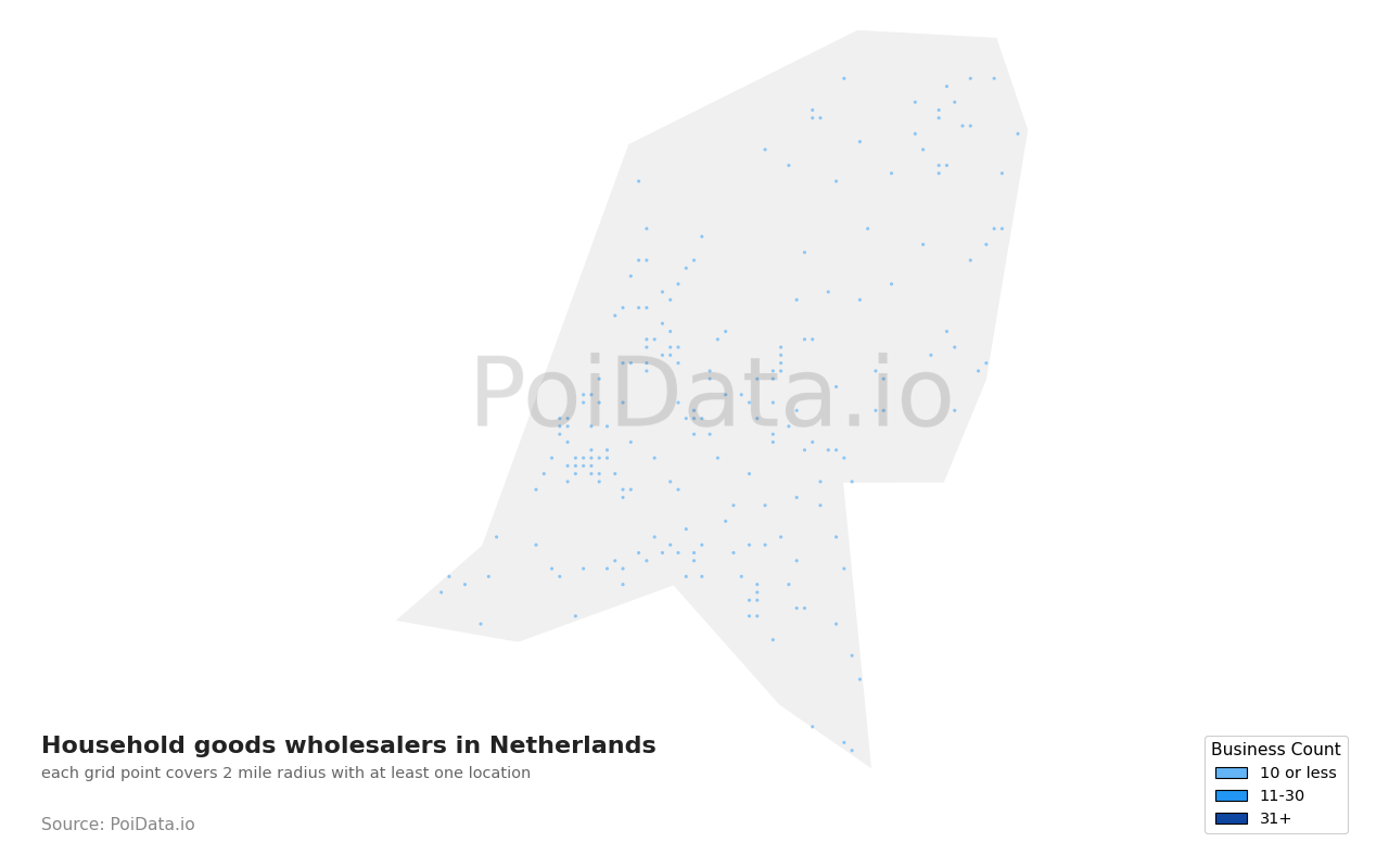 Household goods wholesaler density map for Netherlands