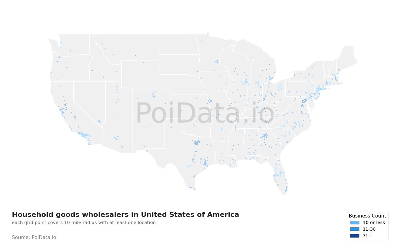 Household goods wholesaler density map for United States