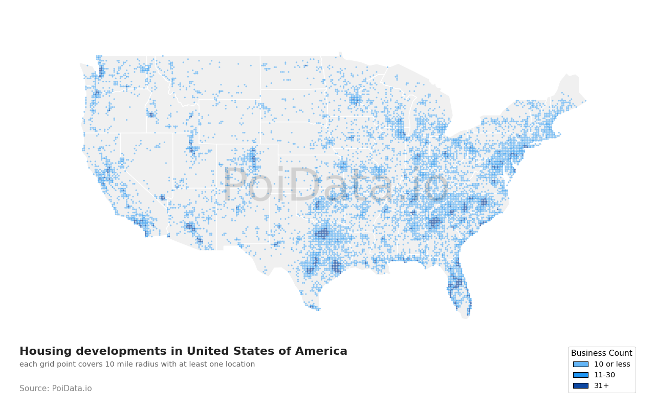 Housing development density map for Virginia, United States