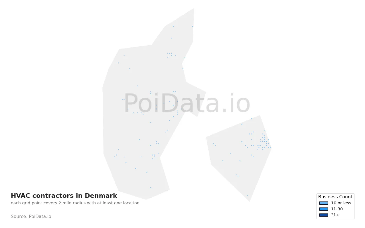HVAC contractor density map for Denmark