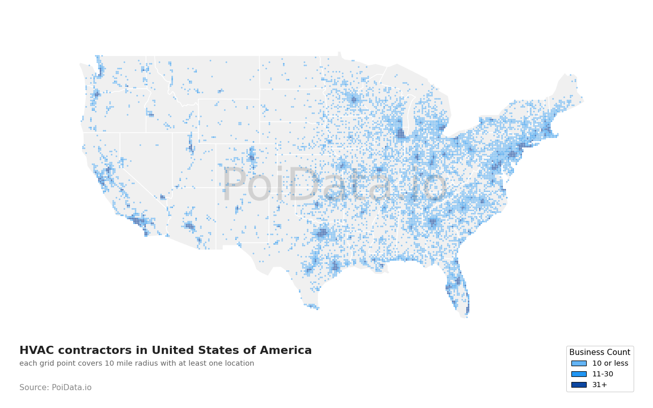 HVAC contractor density map for United States