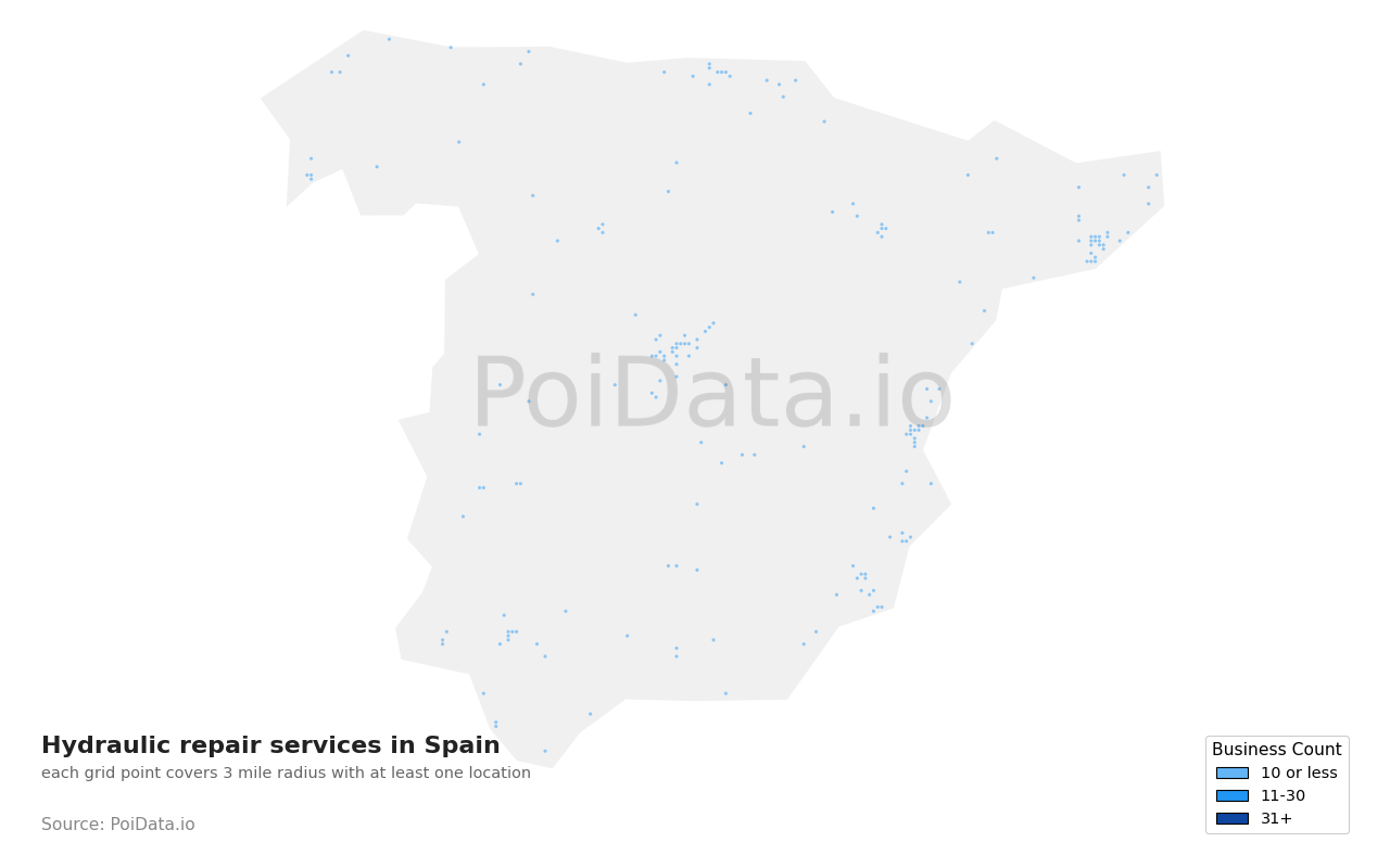 Hydraulic repair service density map for Spain