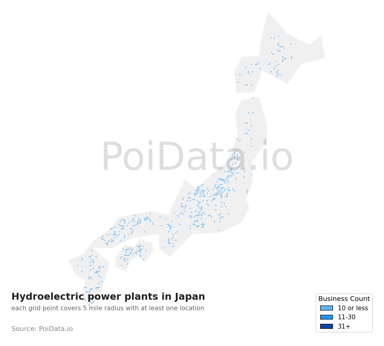 Hydroelectric power plant density map for Japan