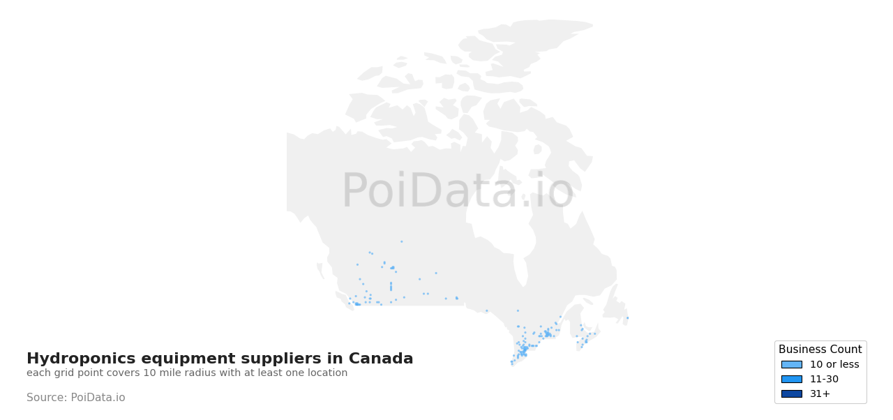 Hydroponics equipment supplier density map for British Columbia, Canada