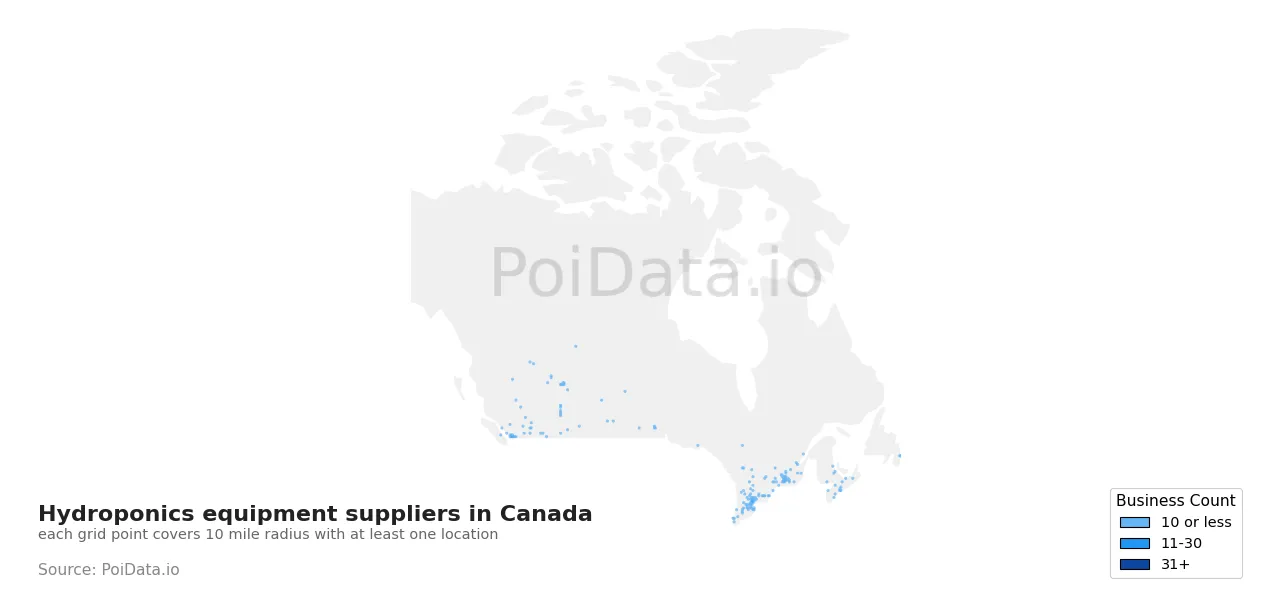 Hydroponics equipment supplier density map for Canada